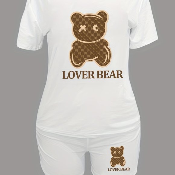 Cartoon Bear Print Casual Two-piece Crew Neck Short Sleeve T-shirt & Slim Set - Picture 4 of 7